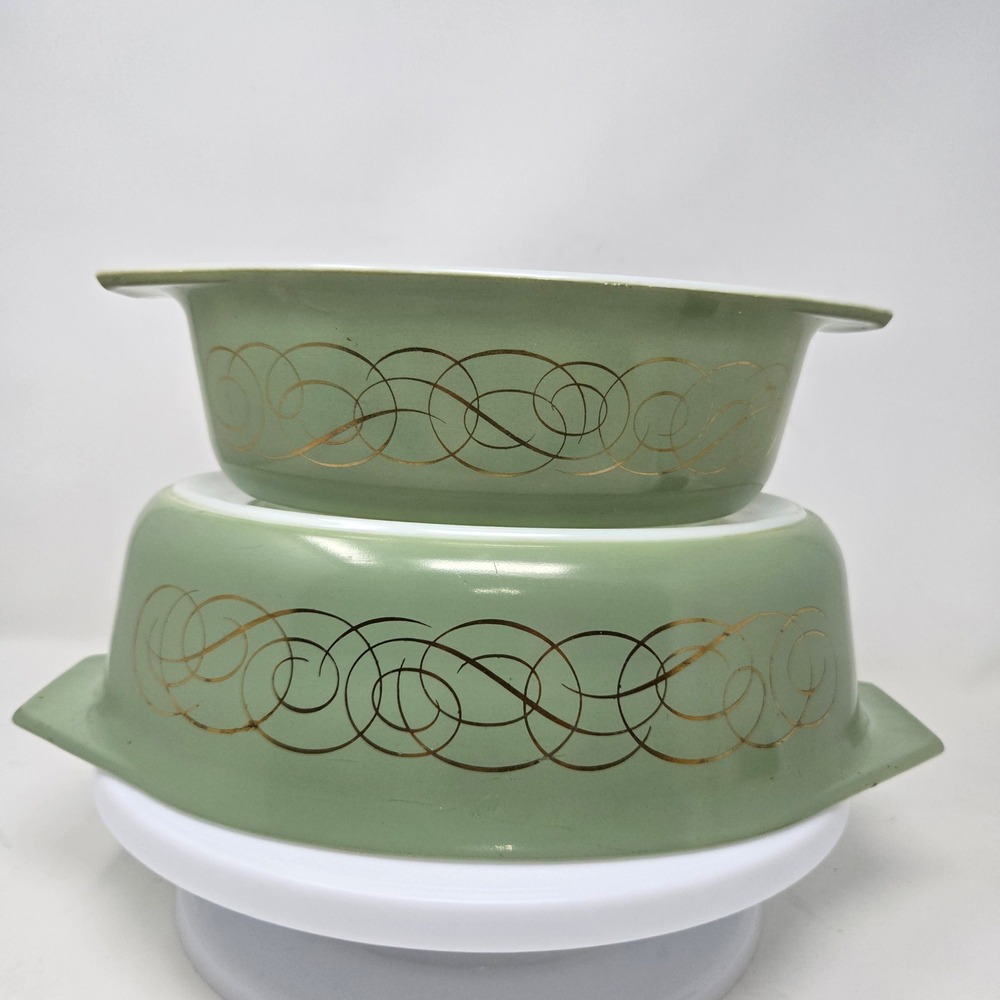 Pyrex Verde Green Gold Scroll Casserole Set 043 1.5qt 045 2.5qt Vintage Oval